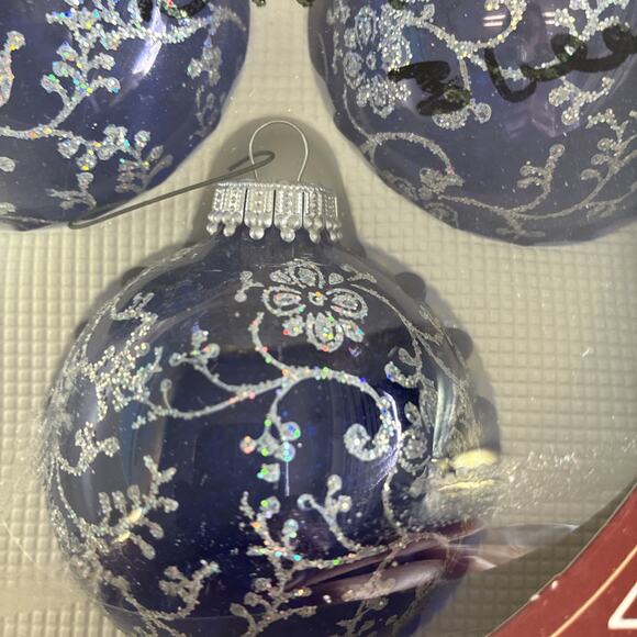 Vintage Krebs Lot of 6 Glitter Hand Painted Doves Blue Glass Ball Ornaments - Picture 4 of 9